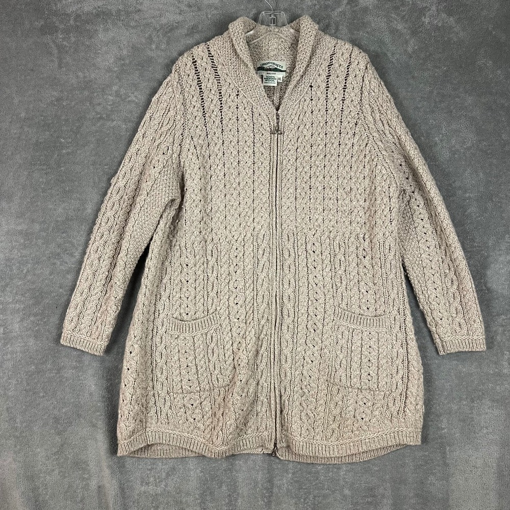 Aran Crafts Merino Wool Cable Knit Cardigan Sweater Womens XL Beige Ireland